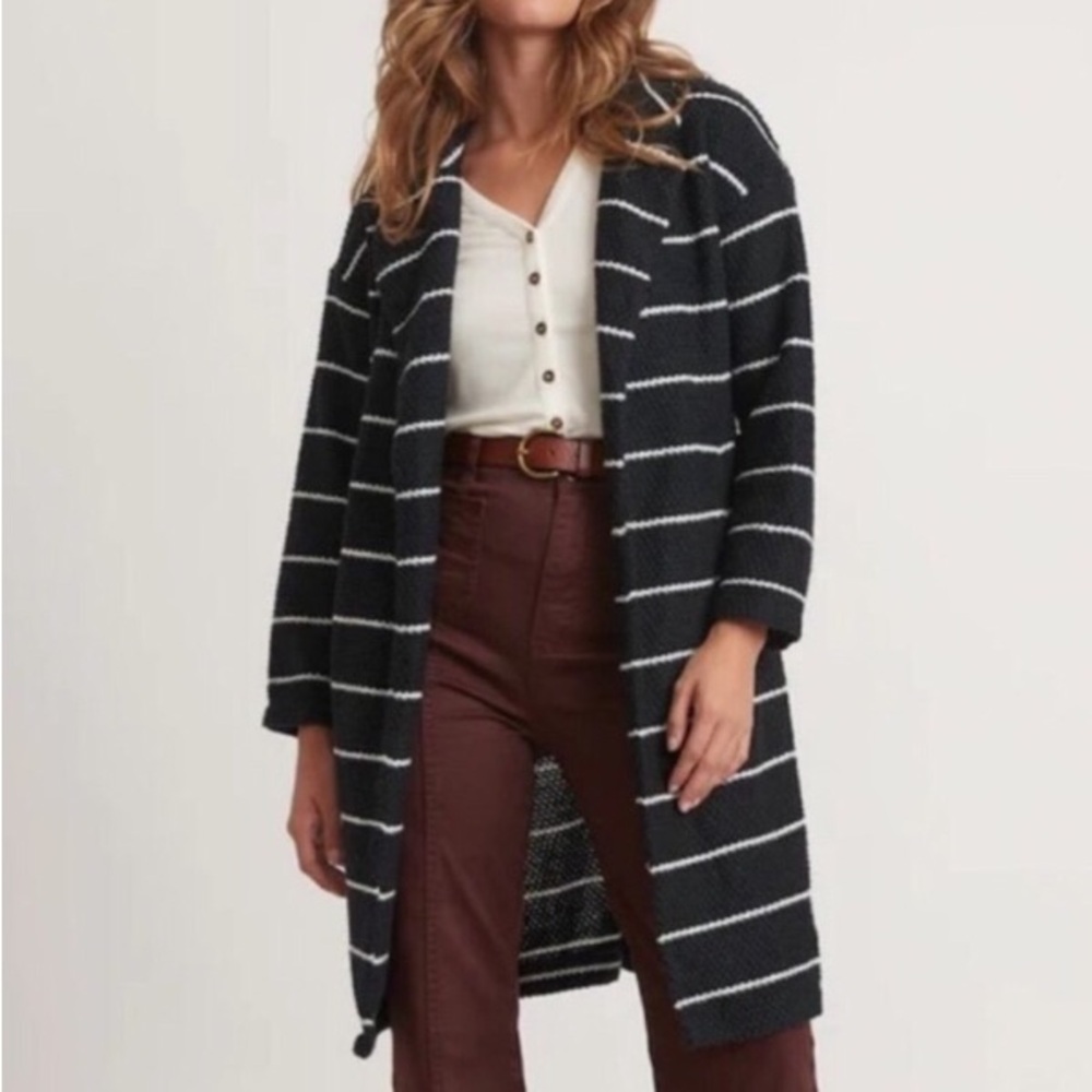 Tahari Black and White Striped Duster Cardigan Sweater